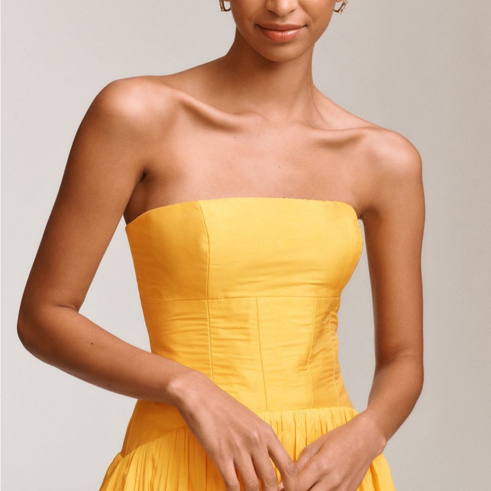 Anthropologie Strapless Yellow Midi Dress with Gathered Skirt - Picture 3 of 4